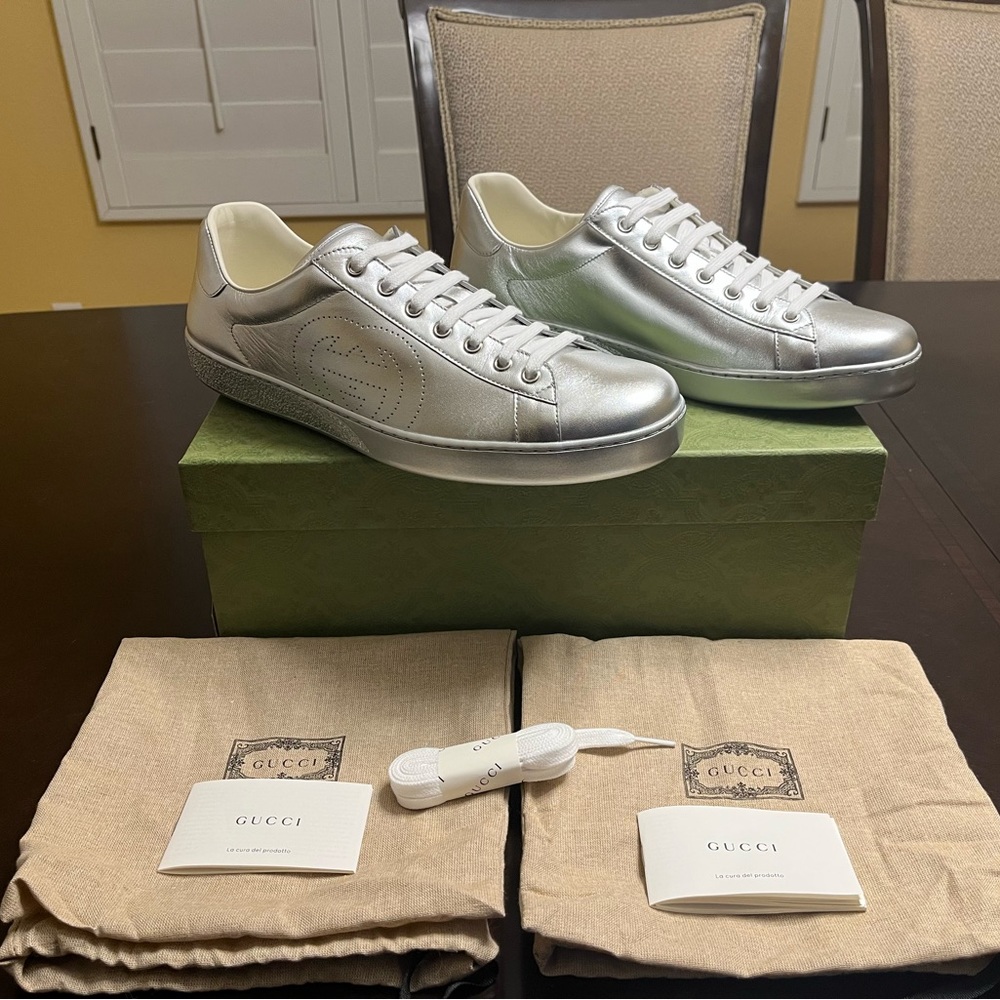 New Gucci Ace GG Logo Metallic Silver Sneaker Shoes Size UK 11 / US 11.5